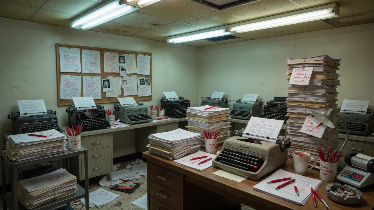 Close view of the newsroom desk: a cream typewriter with a red-marked page, a mug of red pens, an adding machine, an ashtray, and a teetering stack of bound drafts under a desk lamp.